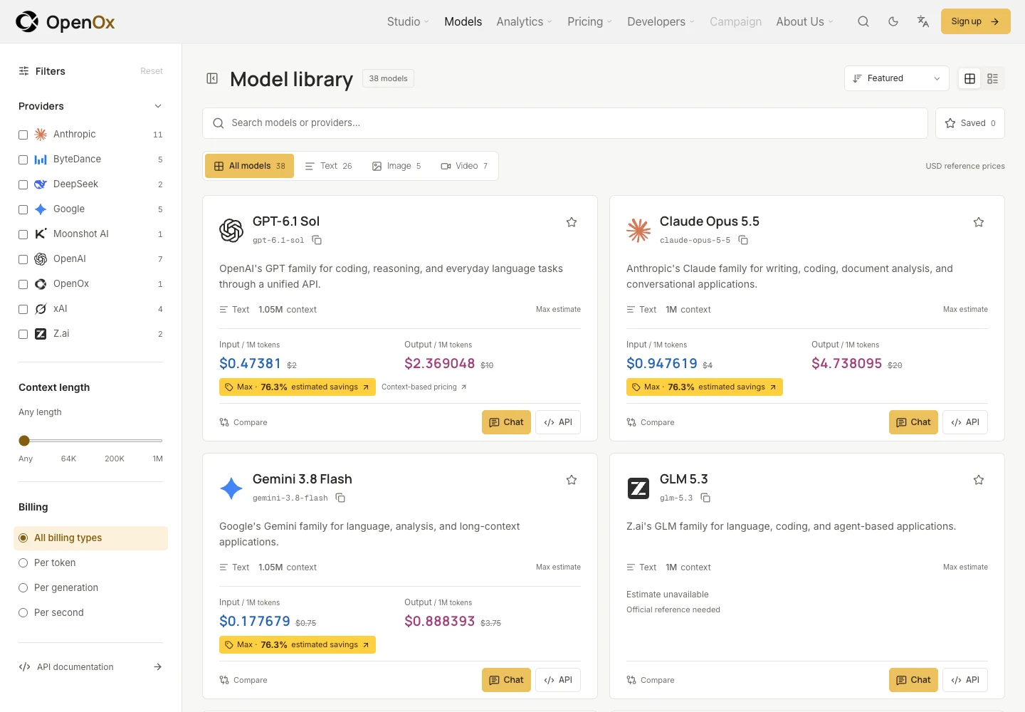 OpenOx model catalog showing provider filters, model IDs, capabilities and reference prices
