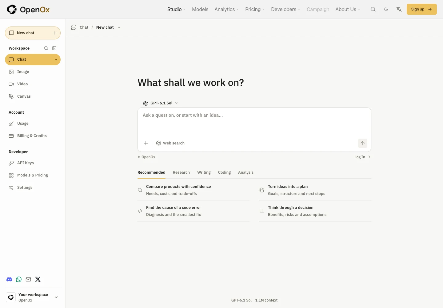 OpenOx Studio chat workspace with Chat, Image, Video, Usage and Billing navigation