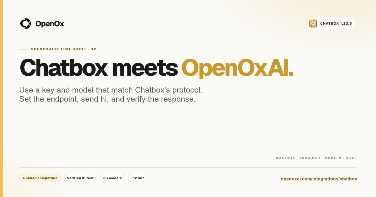 Social preview card: Chatbox meets OpenOxAI, OpenOxAI client guide 02