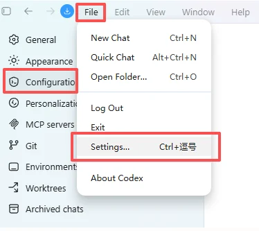 Codex desktop: alternative setup setup screenshot